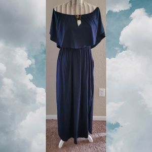 Navy blue maxi dress with ruffle shoulders
